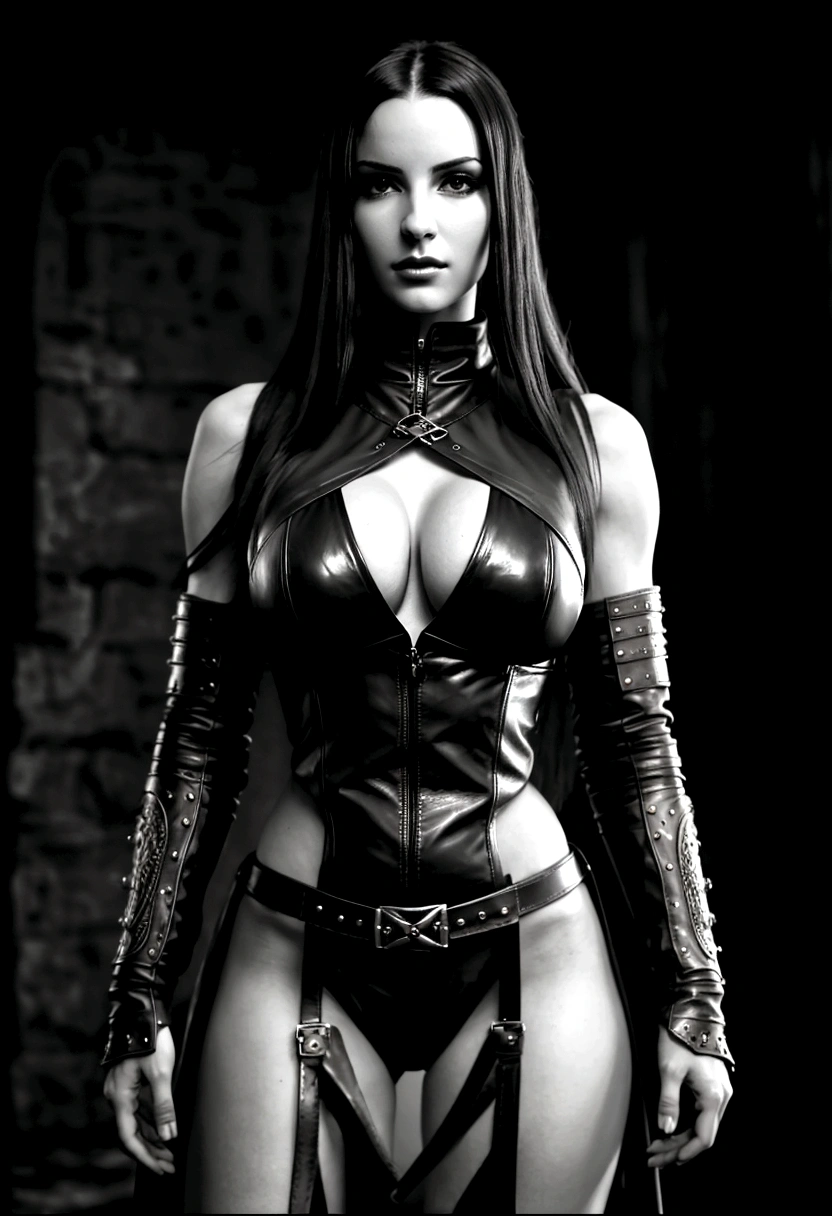 ((top quality, 16K, masterpiece: 1.3)), (beauty, big breasts: 1.2, Slim abs: 1.2), (Ultra detailed face, Very detailed lips, detailed eyes, double eyelids), 1 woman, black long hair, Stylish leather assassin armor, style dark fantasy, full length, Cinematic shot of the goddess's body, seductive portrait of Tifa Lockhart, Ma'am, Beautiful woman in dark fantasy style, wearing assassin's leather armor.