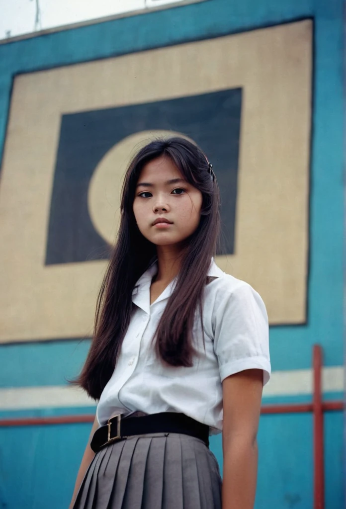1970s era, 1970s hairstyles and fashion style, shot on 35mm film, An extreme low angle captivating photograph taken from the ground level below of a 16 year old Indonesian high school girl, with perfect face and perfect body, posing outdoor with the background of a vintage intricately detailed towering billboard. She is silhouetted against a radiant, open sky. With her long, tied-back hair flowing gracefully, she dons a humble uniform, white short sleeves shirt with brown patch on the left pocket, grey pleated skirt and thin black belt, and a black school bag, she gazes intently at the camera, exuding an enigmatic aura. She is looking directly unto the camera with lost look and a slight smile, with film grain, muted colors, cinematic lighting, professional high definition photography style ,fotorrealista