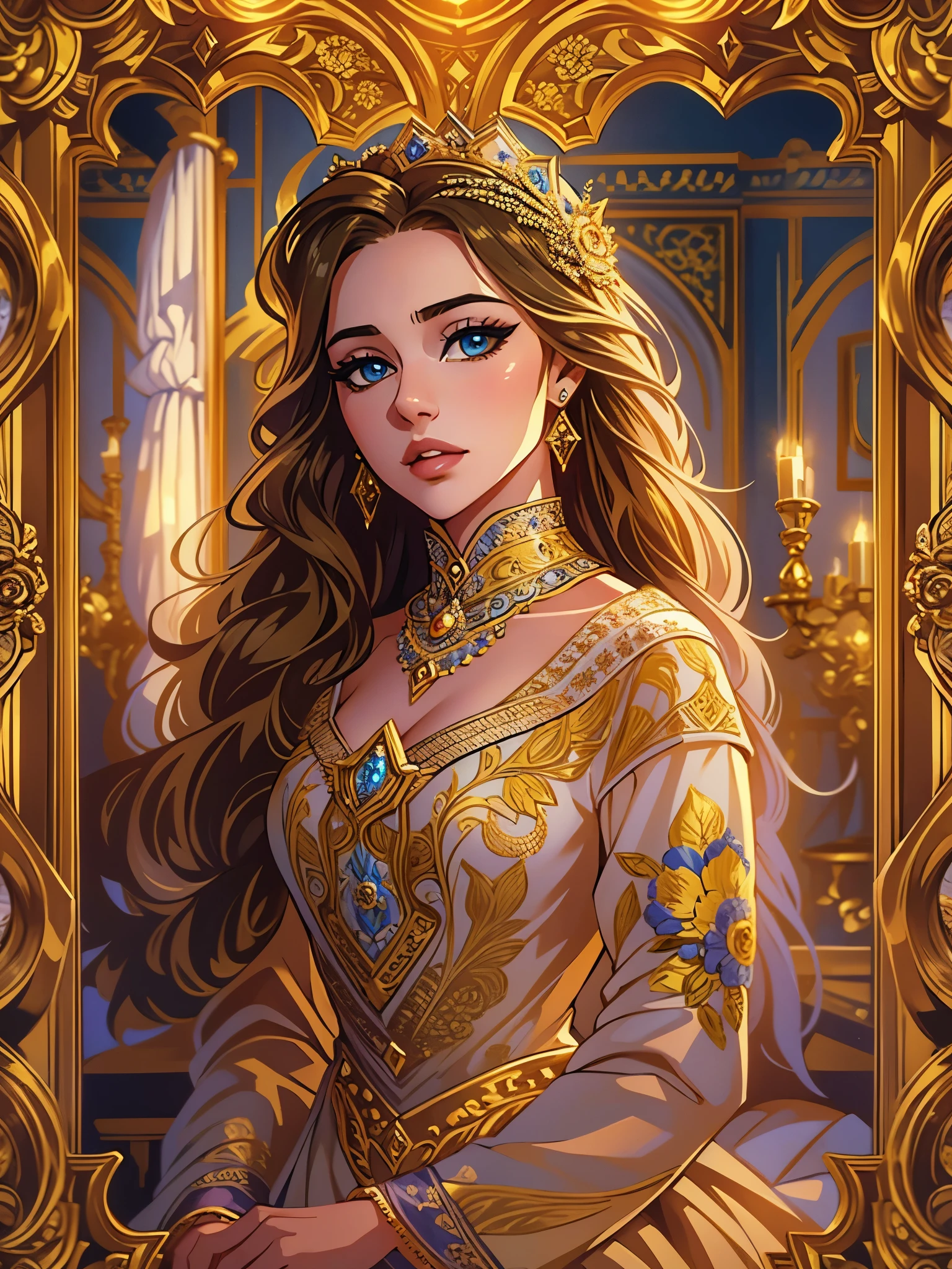 a beautiful young girl in an elegant painting frame, princess wearing a gorgeous dress, beautiful detailed eyes, beautiful detailed lips, extremely detailed face and features, long eyelashes, delicate facial expression, flowing hair, intricate floral patterns, ornate golden frame, soft lighting, warm color palette, ultra-detailed, 8k, masterpiece, digital art, portrait, cinematic lighting