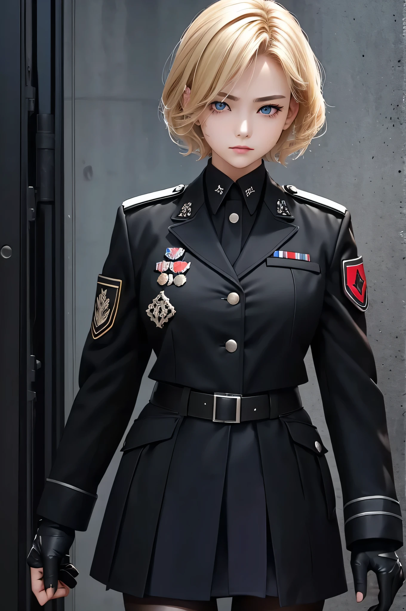 1girl, top-quality、ultra-detailliert、Very delicate、lighting like a movie、Unique lighting effects、
Beautiful 20 year old woman(Casual pose) 、short blond hair、verd s eyes、Cold eyes、Scars of battle、blood stain、Tall and strong、sexy, dominant
beautiful、Black clothes、Black uniform、military outfits、Black jacket、short black skirt, stockings、Black Rider Gloves、
The urban area of the future、Military schools、Armored car in the back、Serious look、 Strong、Dynamic action