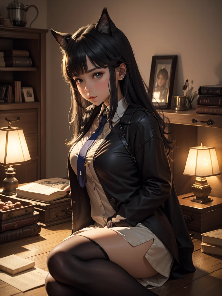 (masterpiece, best quality, beautiful lighting), girl, indoor, room, night