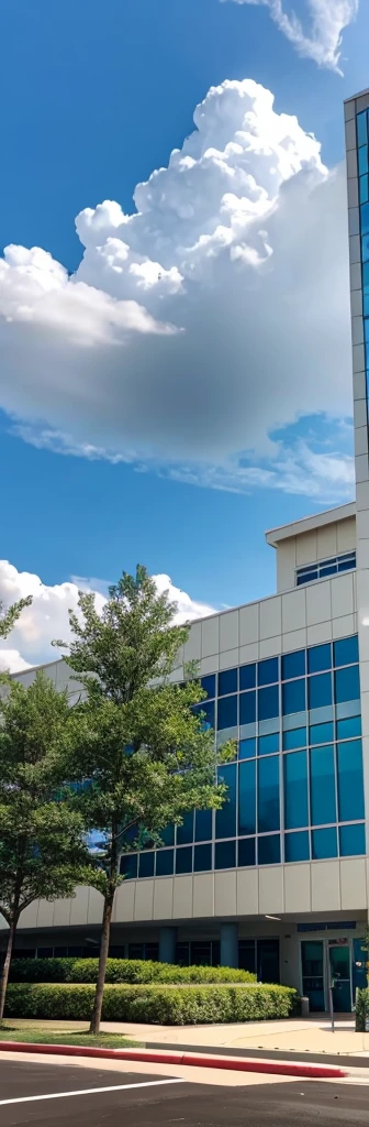 Exterior shot of a hospital with clouds in the sky and trees around the building