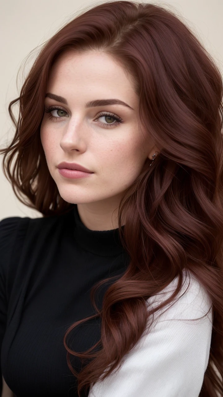 I want her face with dark red hair and in a place just like a good looking linkedin profile about a 25 years old woman. Please change the background and put her in in paris and change the hair