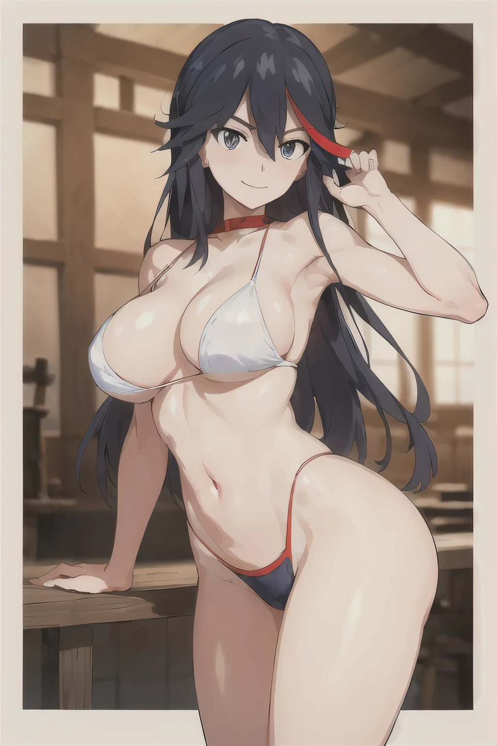 ((masterpiece, best quality,distinct image)), 1girl,solo, kill la kill, matoi ryuuko, giant breasts, drinking beer, smiling, having fun, inside a medieval tavern, sexy pose, very sexy, cleavage, outfit, looking at viewer,