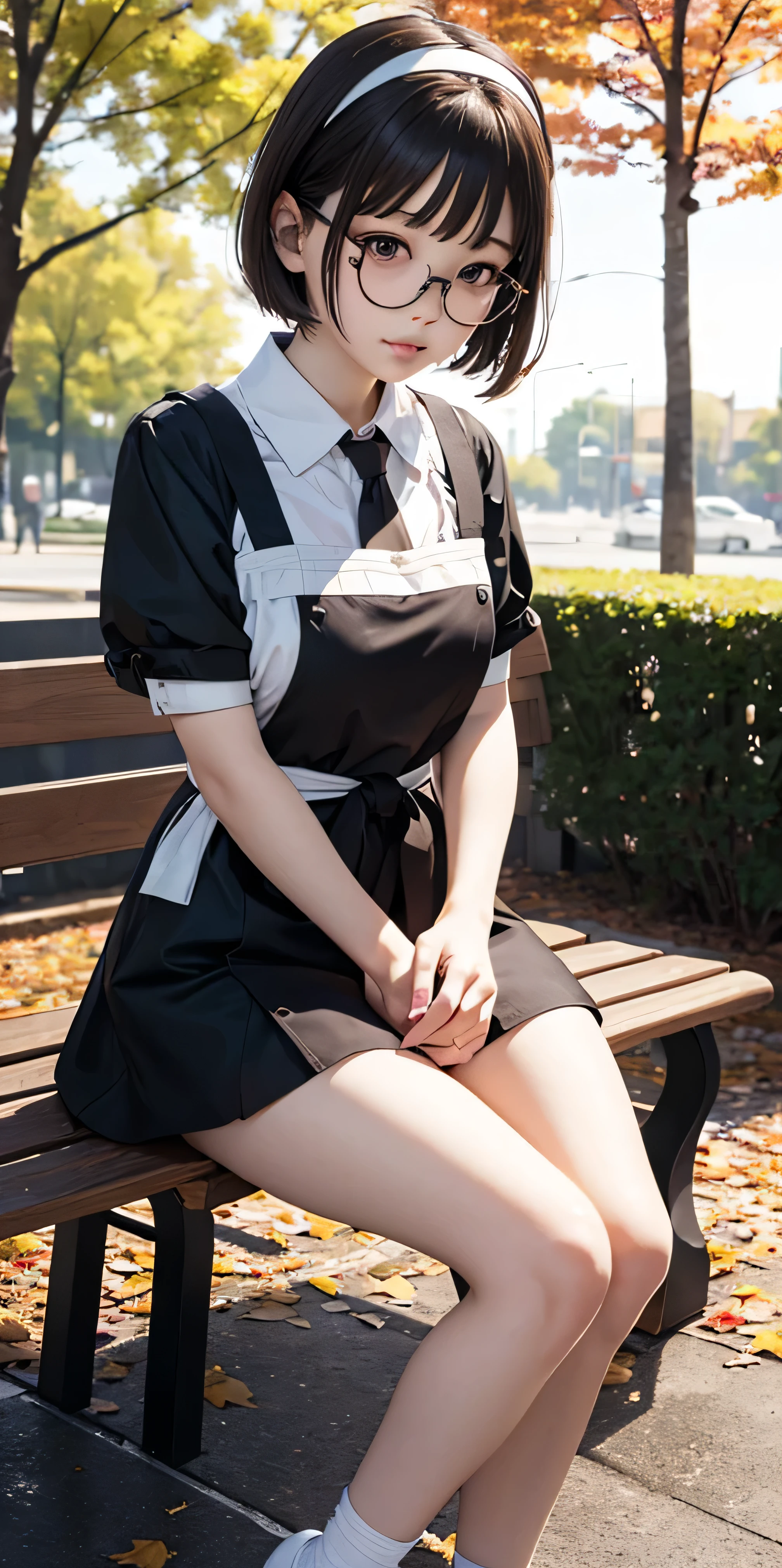 (Tabletop, Highest quality, Capture the cutest moment, Depth of written boundary, Ultra-detailed, Ultra-high resolution, c4d, Octadale, 3D Modeling, 8k, 16K, One Girl,, ,Black-haired,short hair,Straight Hair,Light brown eyes,White headband,Wearing black glasses,Cute face), apron,sitting on a park bench、Crossing your legs、Row of autumn leaves