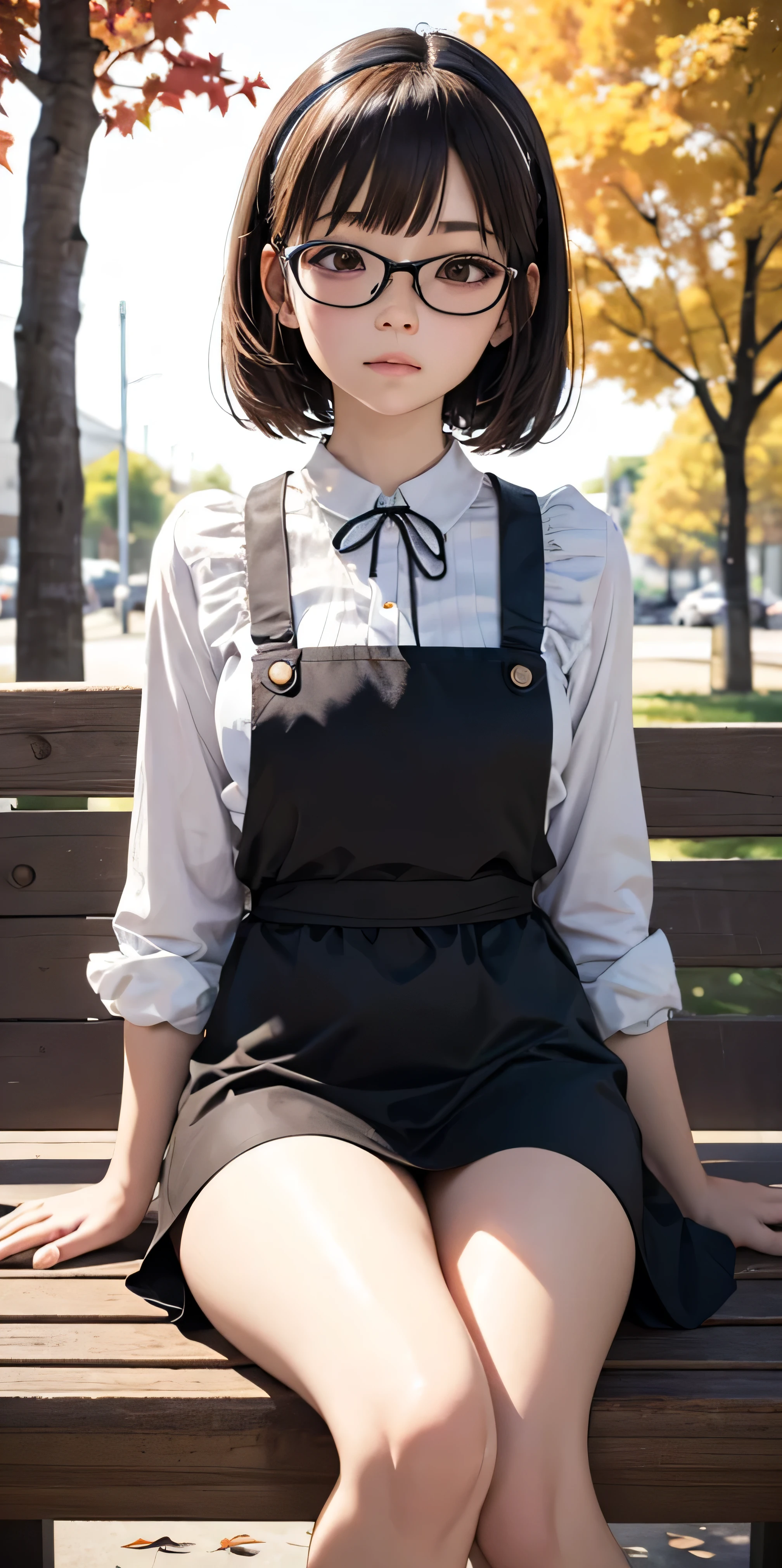 (Tabletop, Highest quality, Capture the cutest moment, Depth of written boundary, Ultra-detailed, Ultra-high resolution, c4d, Octadale, 3D Modeling, 8k, 16K, One Girl,, ,Black-haired,short hair,Straight Hair,Light brown eyes,White headband,Wearing black glasses,Cute face), apron,sitting on a park bench、Crossing your legs、Row of autumn leaves