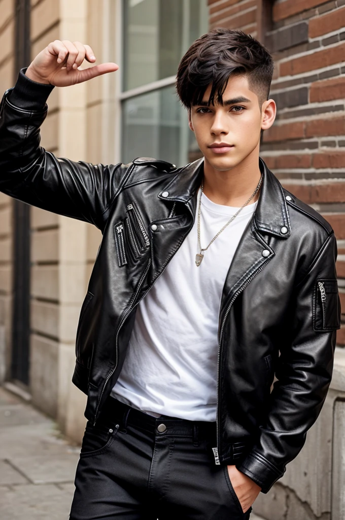 create a realistic boy 4 wear black leather jacket