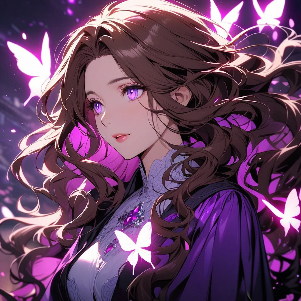 girl, brown hair, wavy hair, long hair, glowing purple eyes, mature, gorgeous, beautiful background, super detail, beautiful color, glowing butterfly, angel, main face