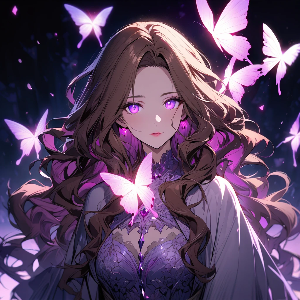 girl, brown hair, wavy hair, long hair, glowing purple eyes, mature, gorgeous, beautiful background, super detail, beautiful color, glowing butterfly, angel, main face