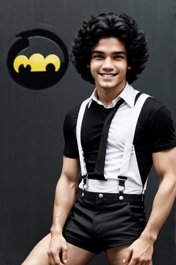 crea un personaje estilo corto animado de los 80"a en blanco y negro,un joven de pelo lacio color negro,ojos en forma de Pacman color negro,piel blanca ,con una sonrisa,black shirt and suspenders,botas negras.