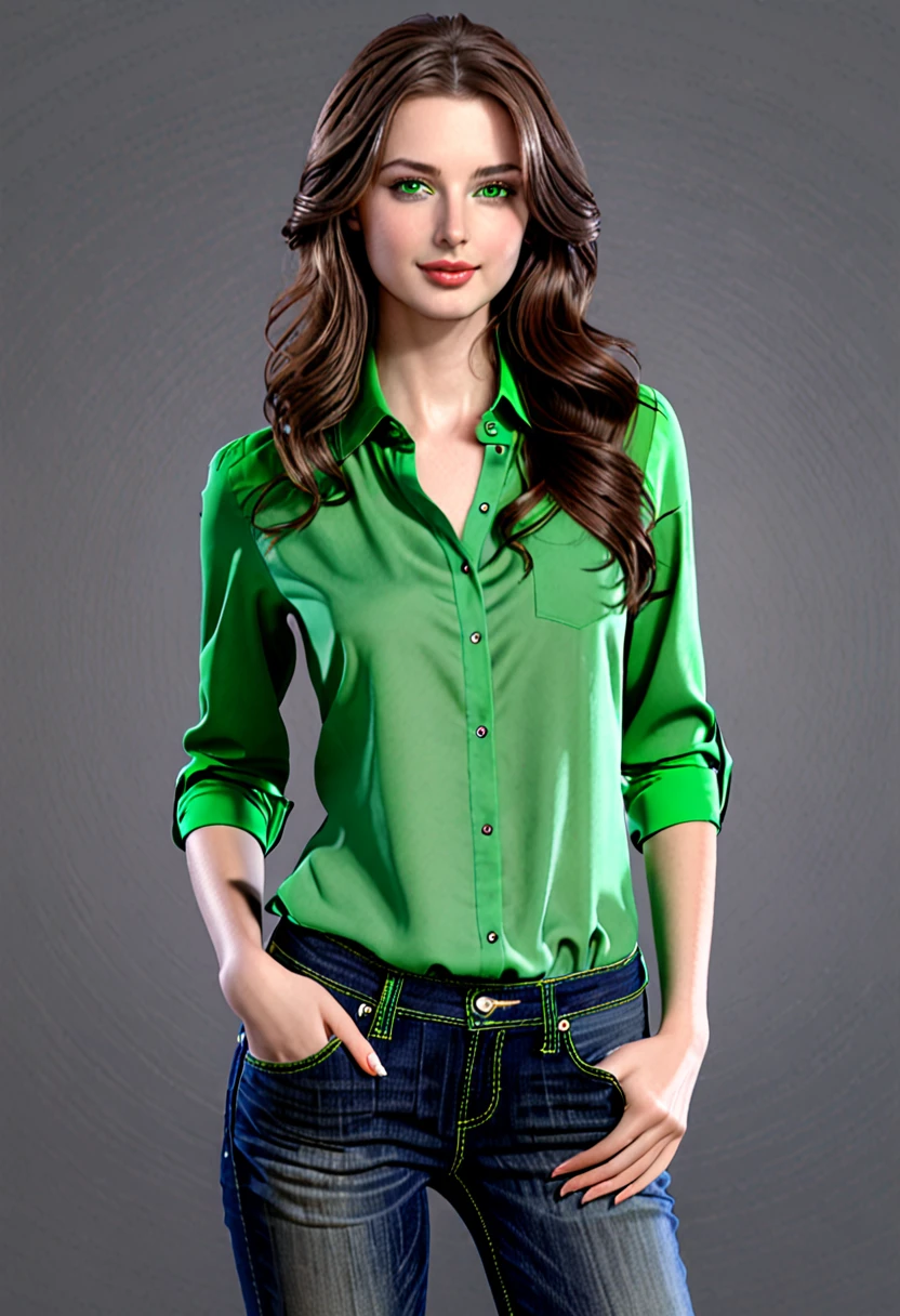 Create a female AI model with long wavy brown hair, green eyes, a fair skin tone, and a slender build. She should have a friendly and approachable expression. Outfit should be modern casual, including a stylish blouse and jeans.