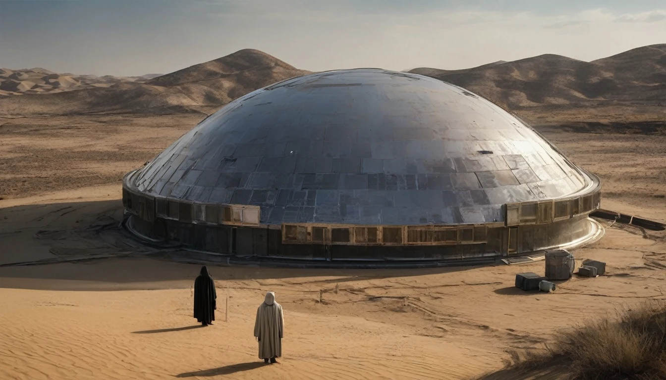 In a vast desert landscape beneath a clear sky, a futuristic dome-shaped structure stands. The surface of the dome is metallic, adorned with grooves and solar panels. Attached to the dome is a cylindrical tower, featuring external staircases and small windows. In the foreground, a mysterious figure cloaked in dark fabric stands near the edge of a shallow pit. The hood conceals their face, adding an air of intrigue. Scattered around the scene are various pieces of machinery and technology, showing signs of wear and corrosion. Some of these devices have blinking lights or exposed wires,hyper realistic composition,32k resolution,cinematic composition,cinematic color grading.