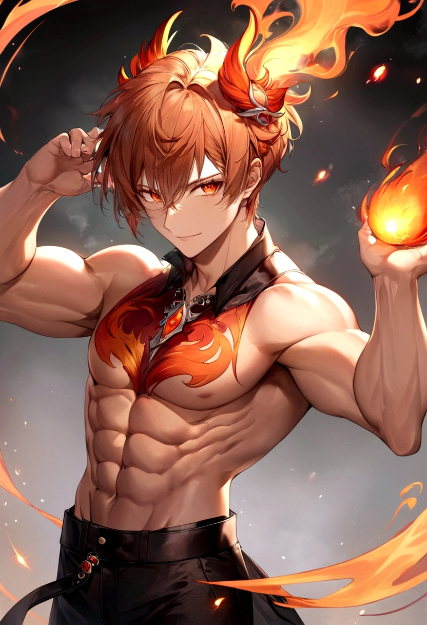 Meisterwerk, Top quality, 16K UHD, Stehen, 1 male fire genasi with orange skin, Feuer Zauberer, kein Oberteil, Free upper body, Sixpack-Muskeln, muscular physique, elegante schwarze Hose, feuriges Haar, orangenes Haar, feuriges brennendes Flammenhaar, Feuermagier, a swirling fireball hovers above his left hand, Magische-Kulisse, selbstbewusste Pose, devilish smile. Hochdetaillierte Gesichts- und Hautstruktur, detaillierte Augen, eckige Augenbrauen, Bernsteinfarbene Augen mit Funken, fine facial features, chiseled jawline, Shiny orange skin with smoky undertones