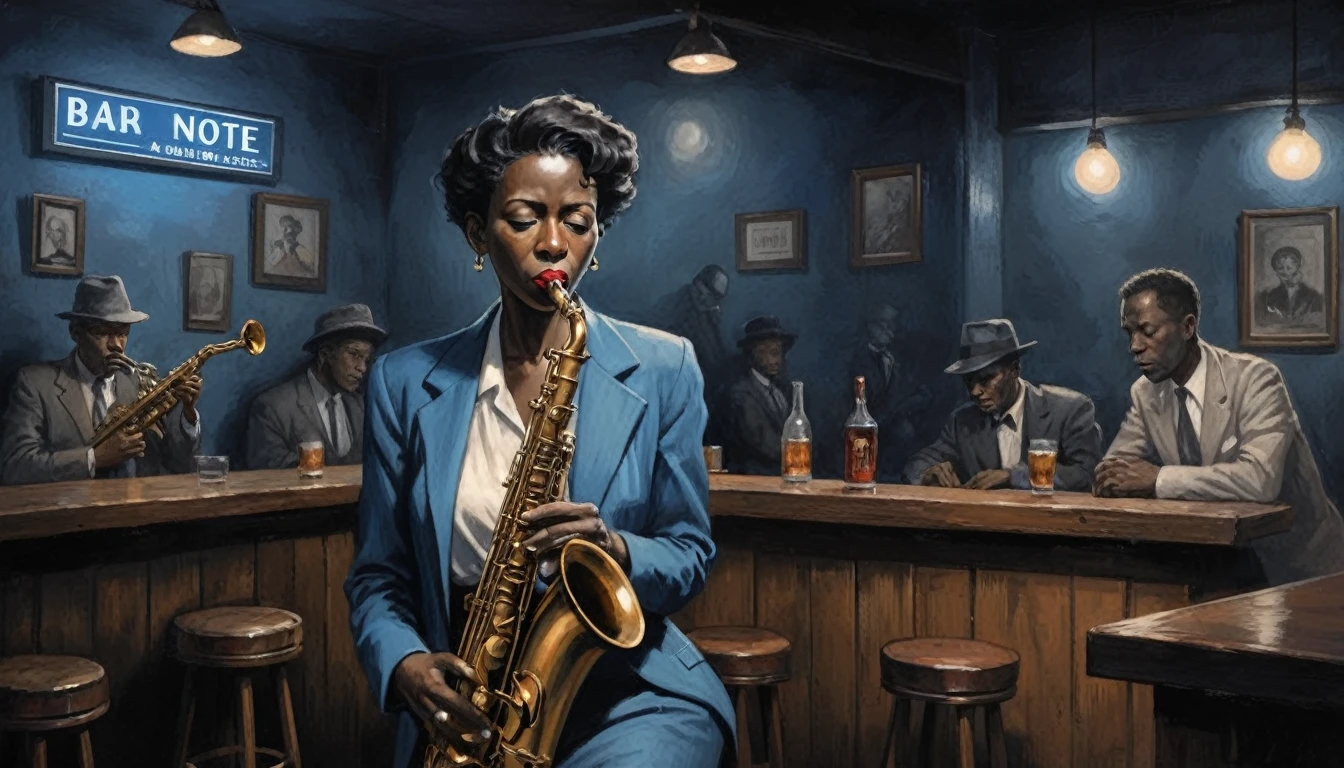 robert johnson, gritty, alabama bar, blue note, charismatic , illustration, noir fantasy, lone lady, sad ending, saxophonists