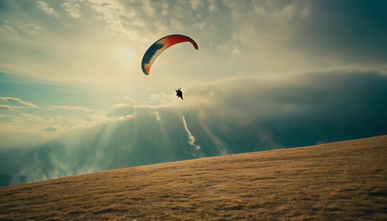 extreme wide shot of Paraglider caught in a thermal updraft, leaves swirling below., directed by Andrea Arnold Classic Ektar, retro, historic, f/12.5, cool shadows, warm highlights, soft focus, vignette, film grain, analog, bokeh, involved in a project