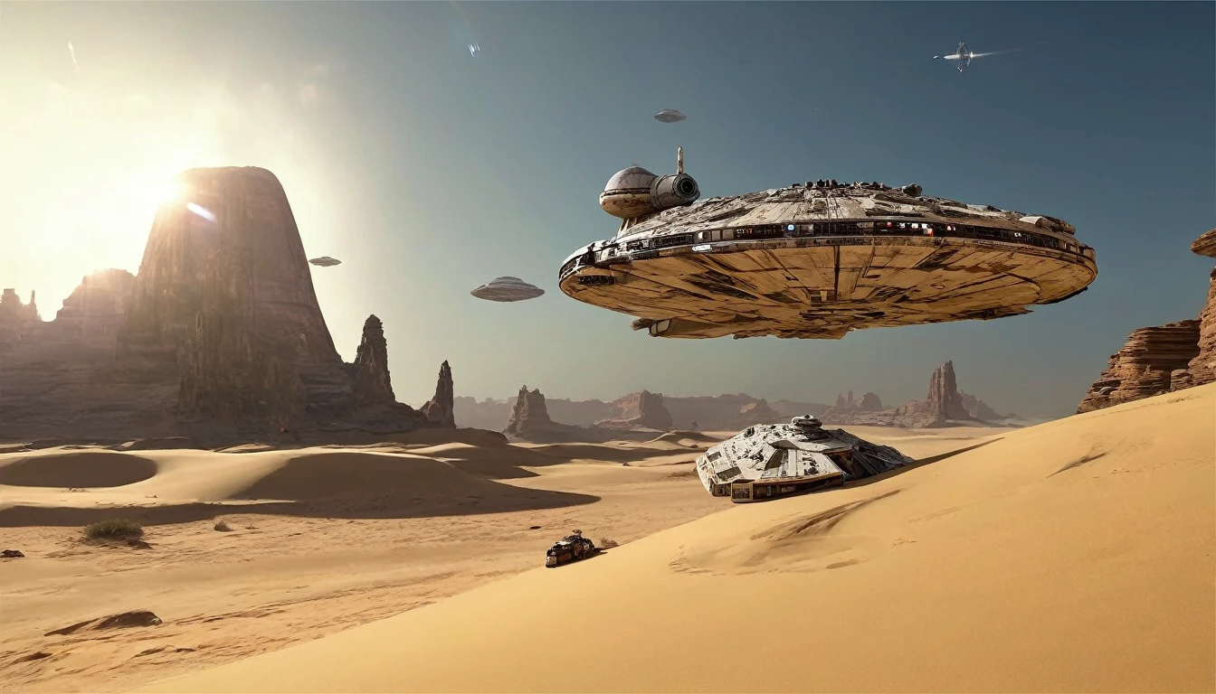 “In a desert landscape beneath a vast sky, towering rock formations rise. The iconic Star Wars Millennium Falcon flies overhead. In the foreground, a large, futuristic bus-like vehicle is parked on the sandy terrain. Saturn-like rings adorn the sky, adding a surreal touch. Include the ‘Star Wars,Camera angle: The camera is positioned at a slightly upward angle, capturing the grandeur of the rock formations and the vastness of the sky. Lighting: The sun is setting, creating warm, golden light that bathes the landscape. Shadows cast by the rocks are elongated. Millennium Falcon details: The Millennium Falcon is flying toward the horizon, with its rear thrusters emitting a characteristic blue glow. Details like laser cannons and the ship’s panels should be visible. Futuristic vehicle: The vehicle parked in the foreground has large windows and an aerodynamic design. It may have retractable wheels or float slightly above the ground. Saturn-like rings: The translucent rings resembling those of Saturn extend across the sky, creating a magical effect. Sand texture: The desert sand has a granulated texture, with small dunes formed by the wind.hyper realistic composition,32k resolution,cinematic composition,cinematic color grading.