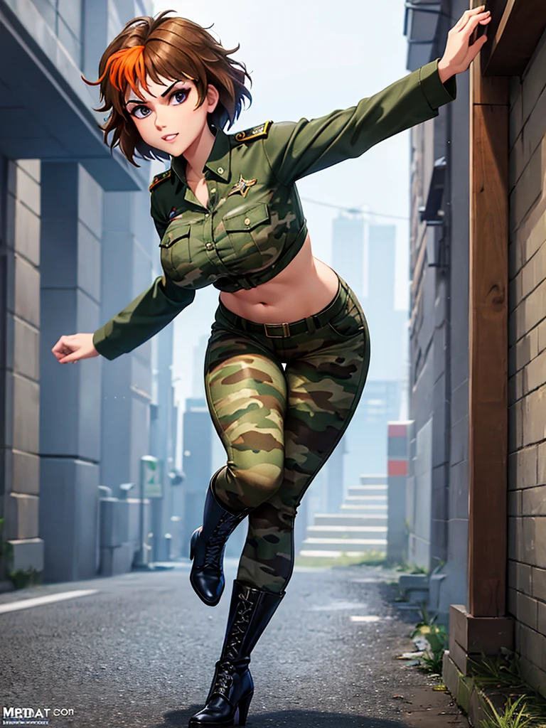 merula, full body, thighs, boots high heels, solo girl, medium tits, military camouflage pants, belly 