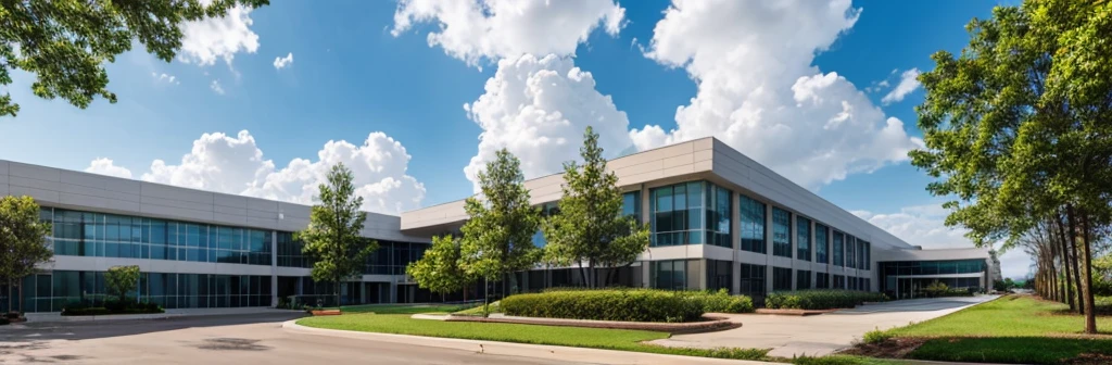 Exterior shot of a hospital with clouds in the sky and trees around the building