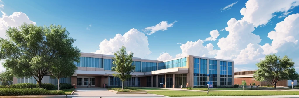Exterior shot of a hospital with clouds in the sky and trees around the building