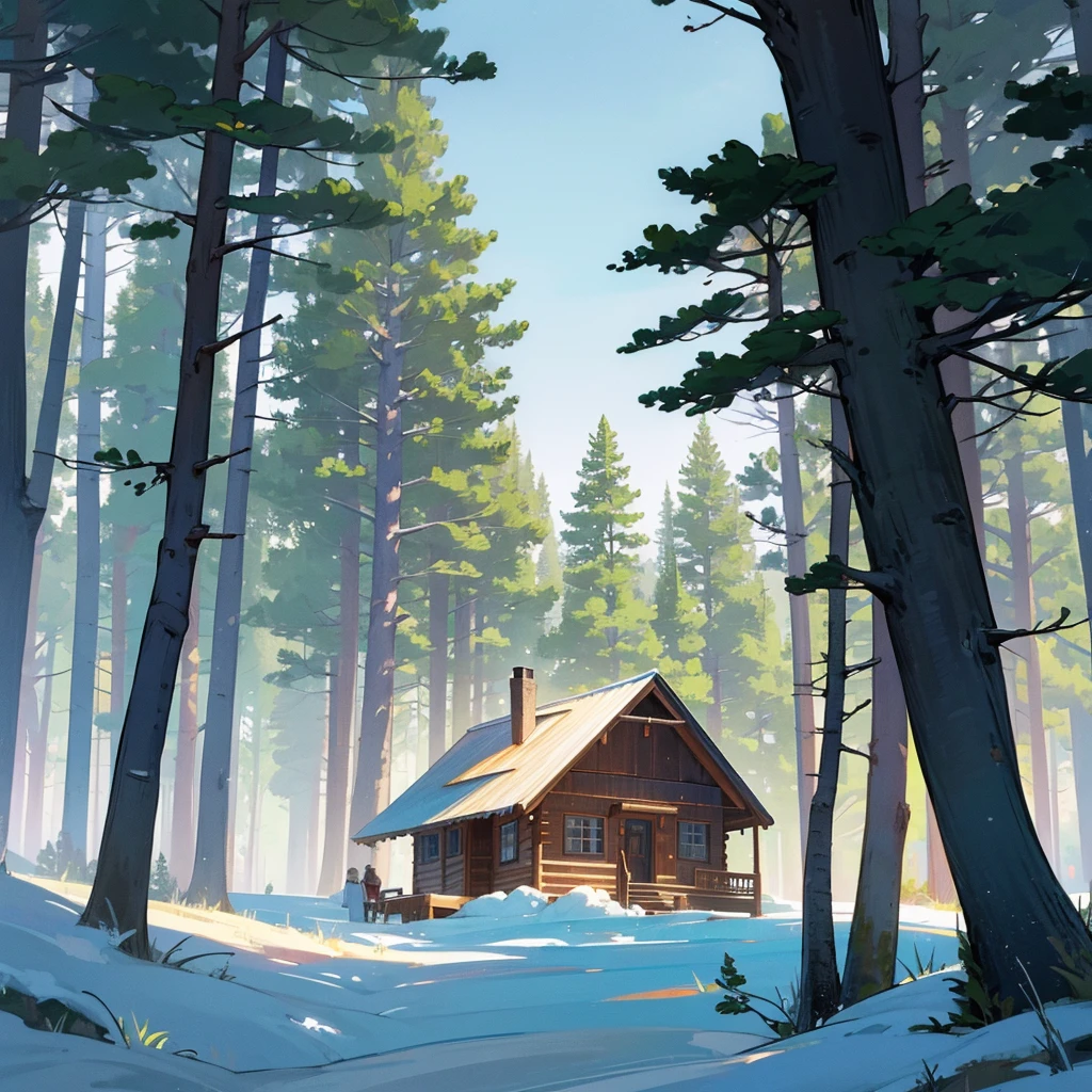 A family in a modest cabin, surrounded by majestic trees and a serene deep forest environment.