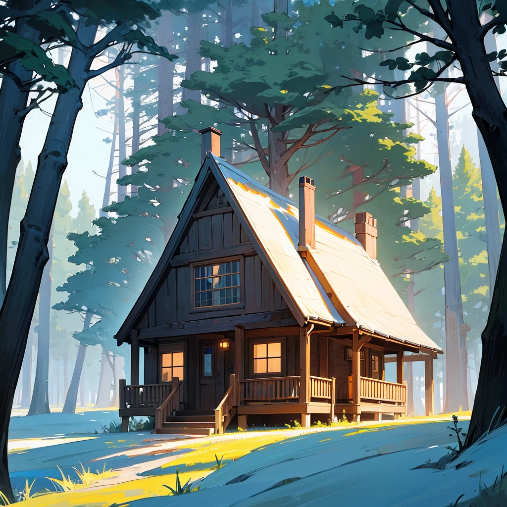 A family in a modest cabin, surrounded by majestic trees and a serene deep forest environment.