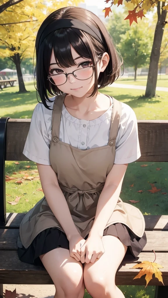 (Tabletop, Highest quality, Capture the cutest moment, Depth of written boundary, Ultra-detailed, Ultra-high resolution, c4d, Octadale, 3D Modeling, 8k, 16K, One Girl,, ,Black-haired,short hair,Straight Hair,Light brown eyes,White headband,Wearing black glasses,Cute face),  apron,sitting on a park bench、Crossing your legs、Row of autumn leaves