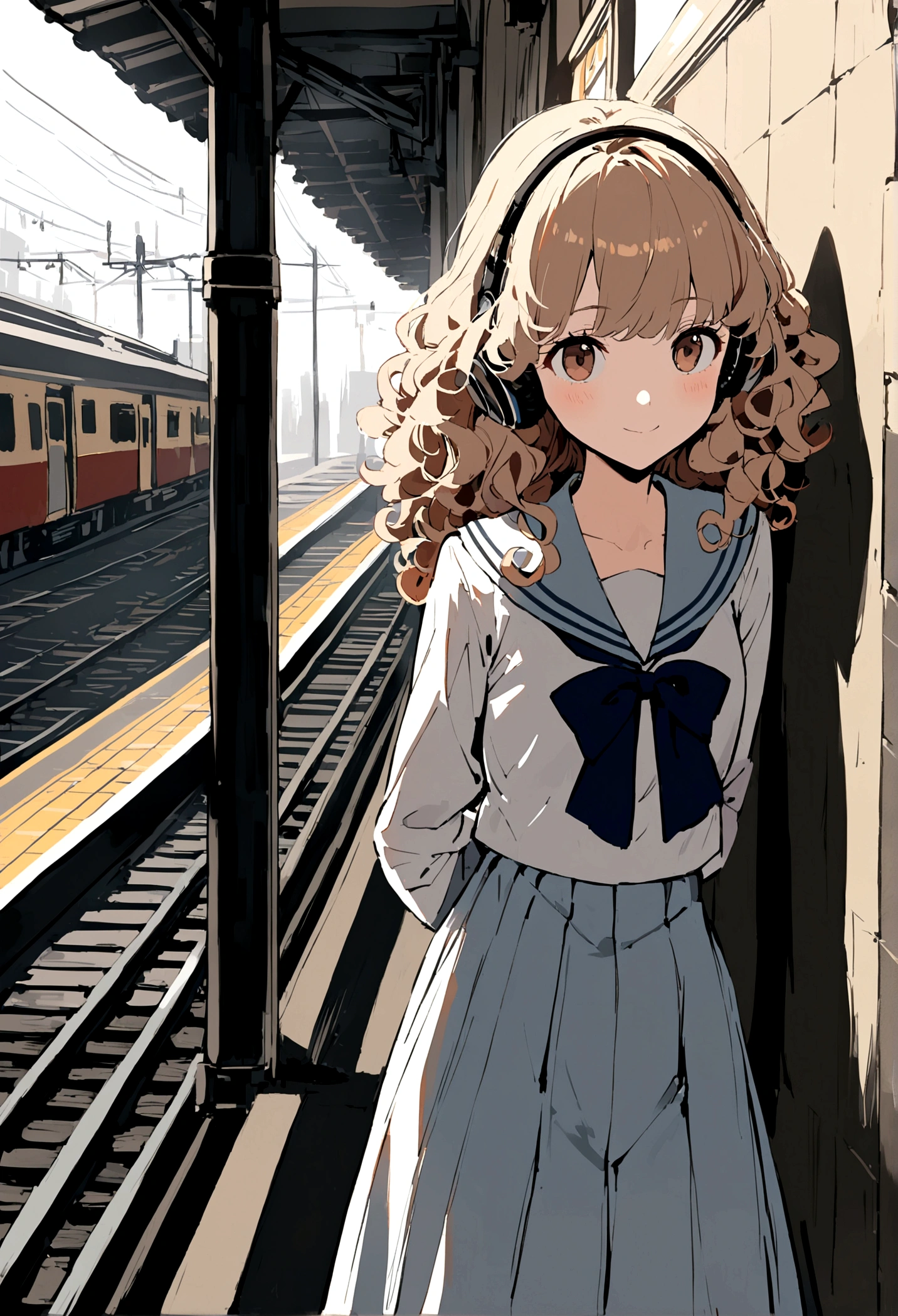 1 headphone cute girl, light brown long wavy curly hair, cute face, small round face, wearing a trend Japanese traditional sailor uniform, standing against the wall at train station, metropolis station, (pose with arms behind back:1.1), wind, waiting scene,