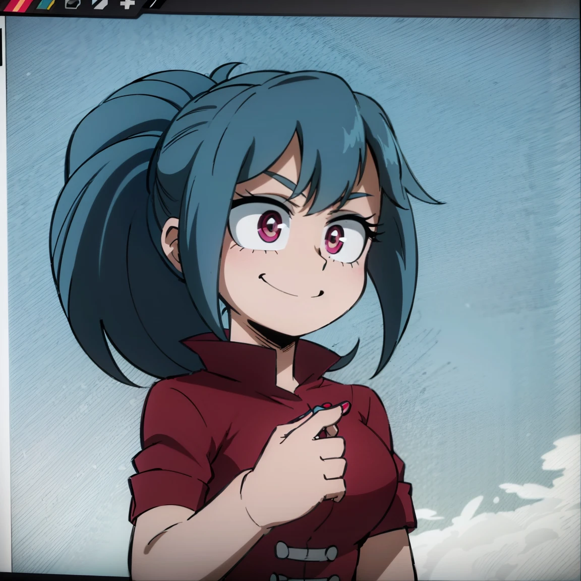 1girl, female focus, sonata dusk, boku no hero academia, masterpiece, best quality, very aesthetic, absurdres, ponytail hair, blue hair, pink eyes, smile, hero costume