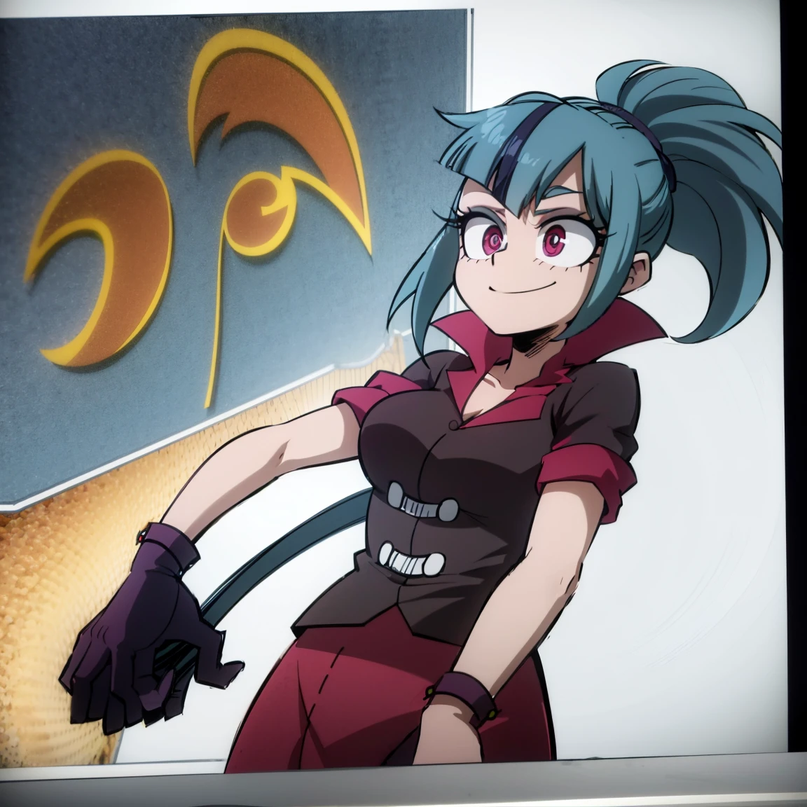 1girl, female focus, sonata dusk, boku no hero academia, masterpiece, best quality, very aesthetic, absurdres, ponytail hair, blue hair, pink eyes, smile, hero costume