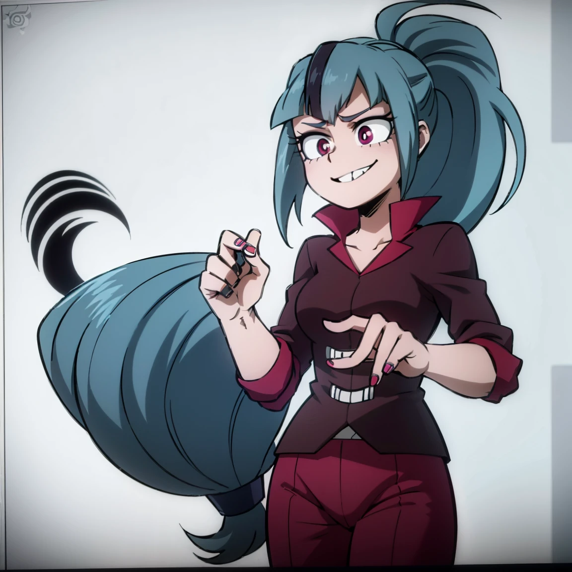 1girl, female focus, sonata dusk, boku no hero academia, masterpiece, best quality, very aesthetic, absurdres, ponytail hair, blue hair, pink eyes, smile, hero costume