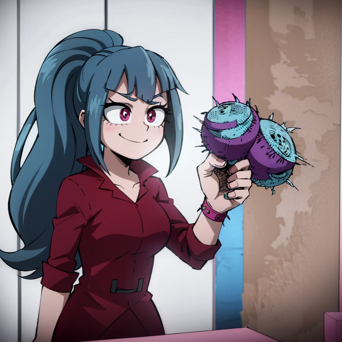 1girl, female focus, sonata dusk, boku no hero academia, masterpiece, best quality, very aesthetic, absurdres, ponytail hair, blue hair, pink eyes, smile, hero costume