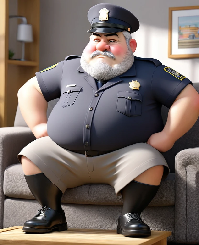 Old police officer daddy, grey hair, male, fat, chubby, clean cut , wearing dirty socks, only wearing socks, leaking cum, cum everywhere, smelly socks, sweaty, stench coming from socks, sitting on couch, white socks, feet propped up on table, stinky socks, grey pubes, chubby face, facial hair, hat