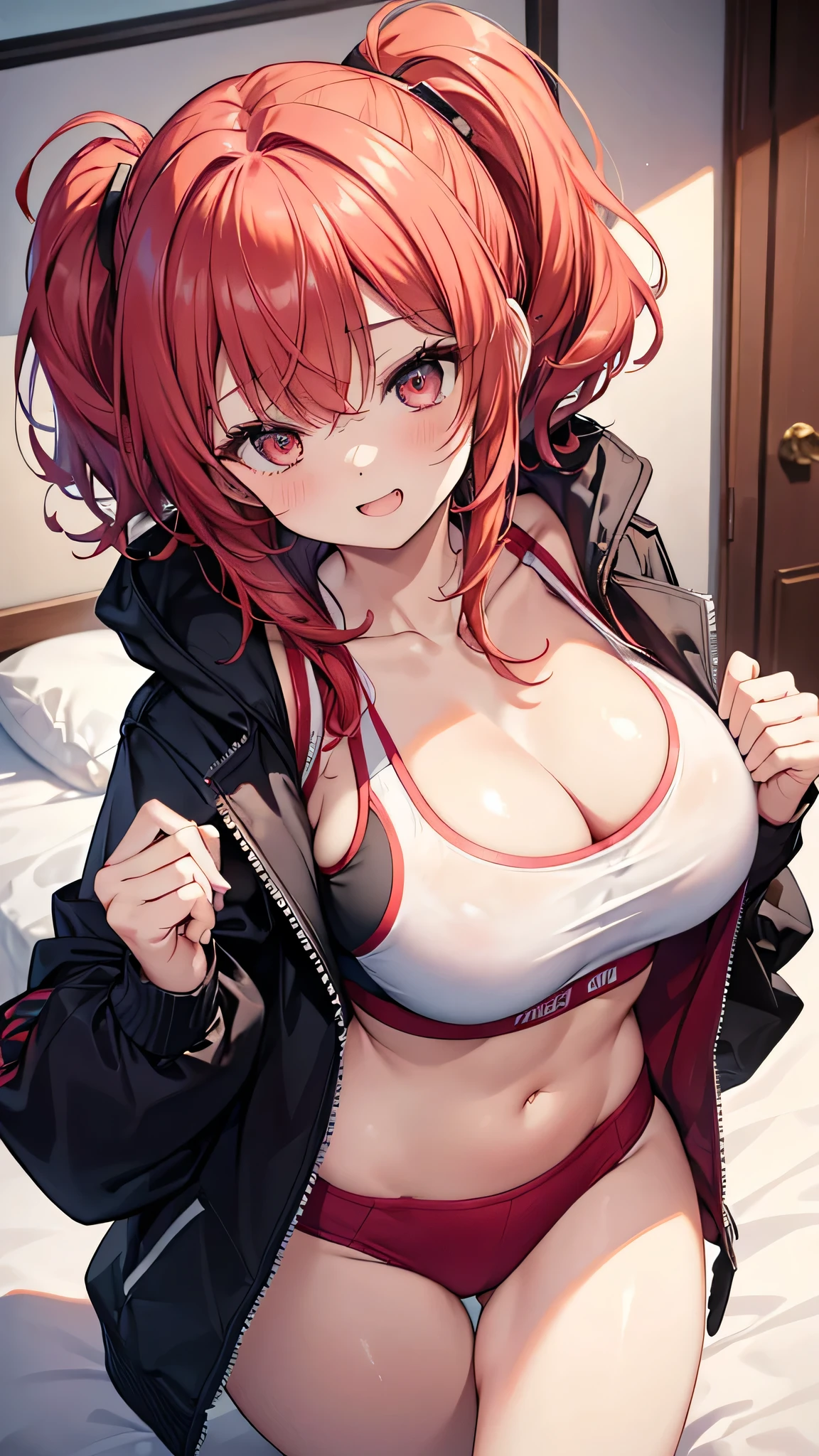 The best masterpiece、high resolution, Large Breasts, Voluminous, messy, light red hair, masterpiece , hd, Head to Chest, Put in your chest、 tooth、Double teeth,, On the bed、Thick thighs、Grinning、Sports Bra、Open your mouth、Hooded jacket、Big Breasts、Ecstasy