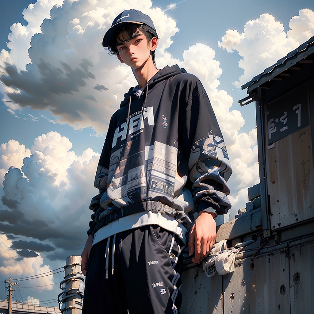 ((premium、8k、32K、masterpiece)), (Ultra-thin illustration)、Ultra-high resolution, (( 21-year-old young man:1.5))、(Japanese), Shorts、Black Hair, ,Wear a hat,Wear a grey hoodie, Looking up at the sky、 Sky with clouds, afternoon, Lo-Fi, Camera from below、Complex streetscape background、　