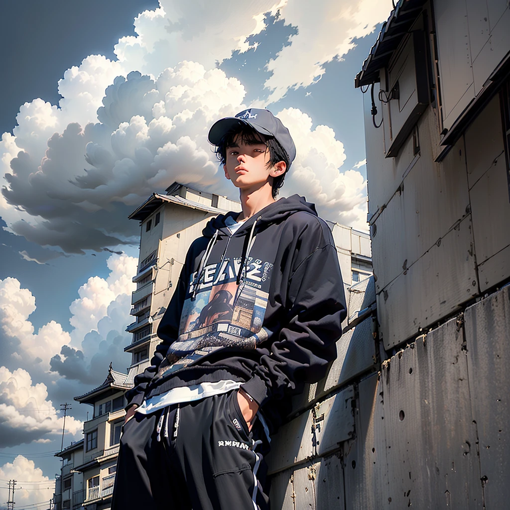 ((premium、8k、32K、masterpiece)), (Ultra-thin illustration)、Ultra-high resolution, (( 21-year-old young man:1.5))、(Japanese), Shorts、Black Hair, ,Wear a hat,Wear a grey hoodie, Looking up at the sky、 Sky with clouds, afternoon, Lo-Fi, Camera from below、Complex streetscape background、　