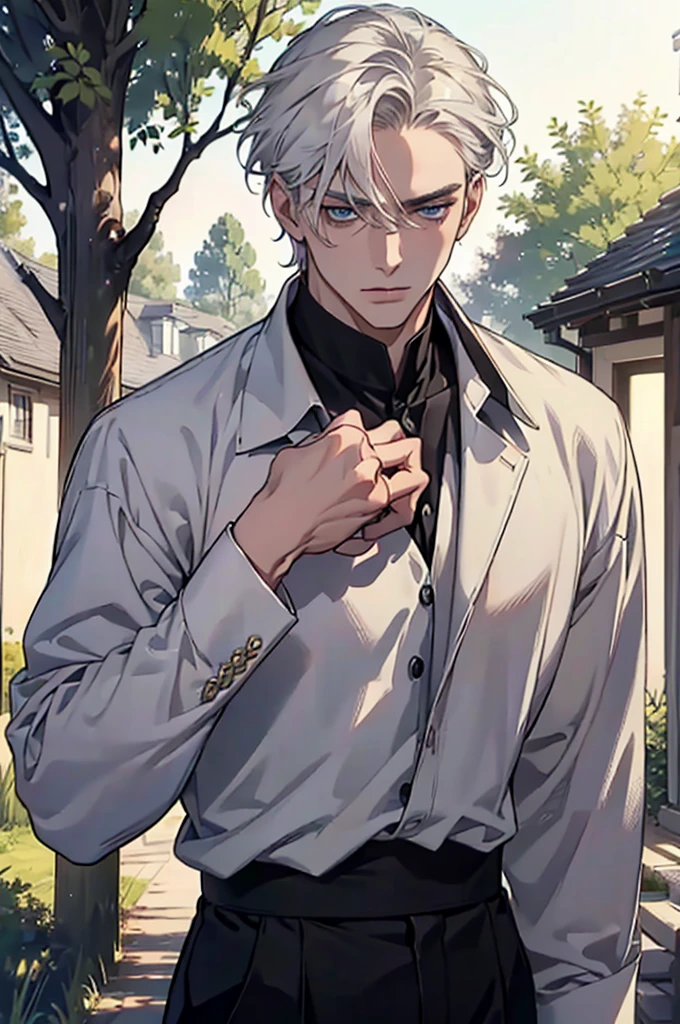 ((masterpiece:1.2, Best quality)), 4k, adult, European face, 1 person, male, mature, masculine, Beautiful, very tall, Muscles, broad shoulders, dark casual wear, White skin, medium white hair, Blue eyes, portrait, sunset, old house with apple trees.