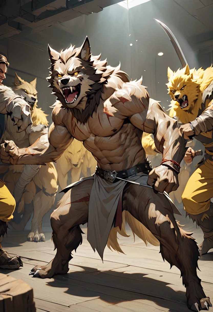 masterpiece, Best quality, A high resolution, fantasy, adult male werewolf, shows sharp fangs and grins, brunette with short hair and shaved temples, with scars on the body and face, with yellow wolf eyes and wolf ears, full length, getting ready to fight