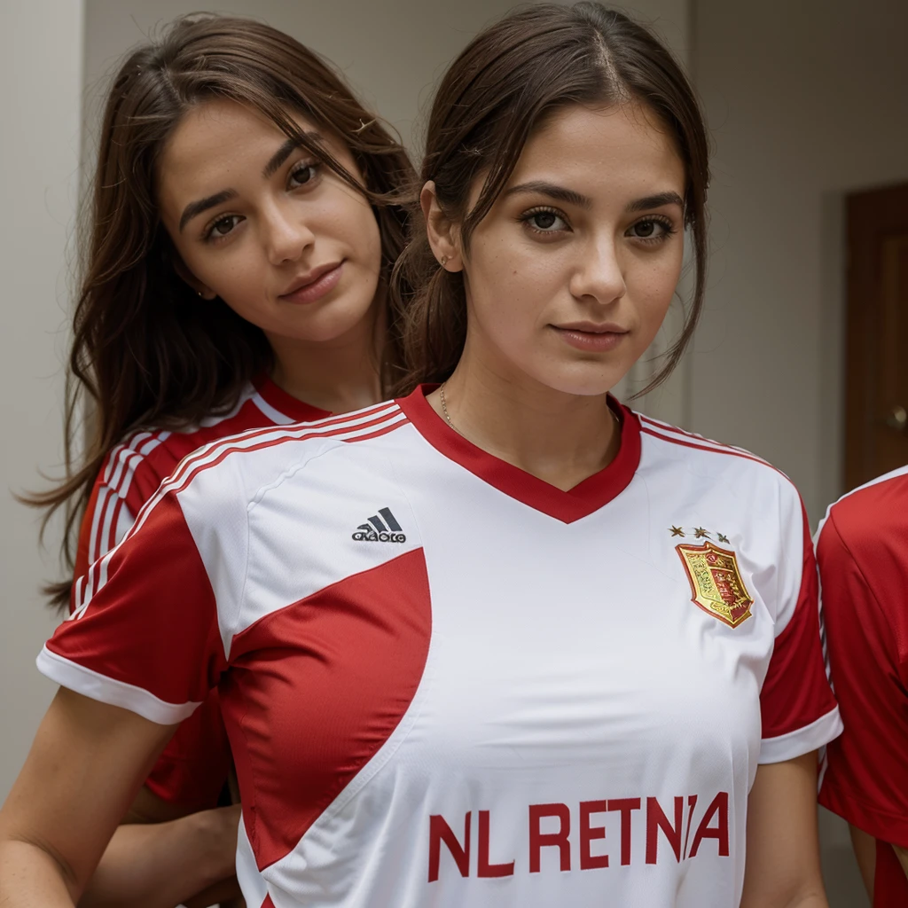 Give me more images of the same woman, ella sola, with the Spanish national team shirt