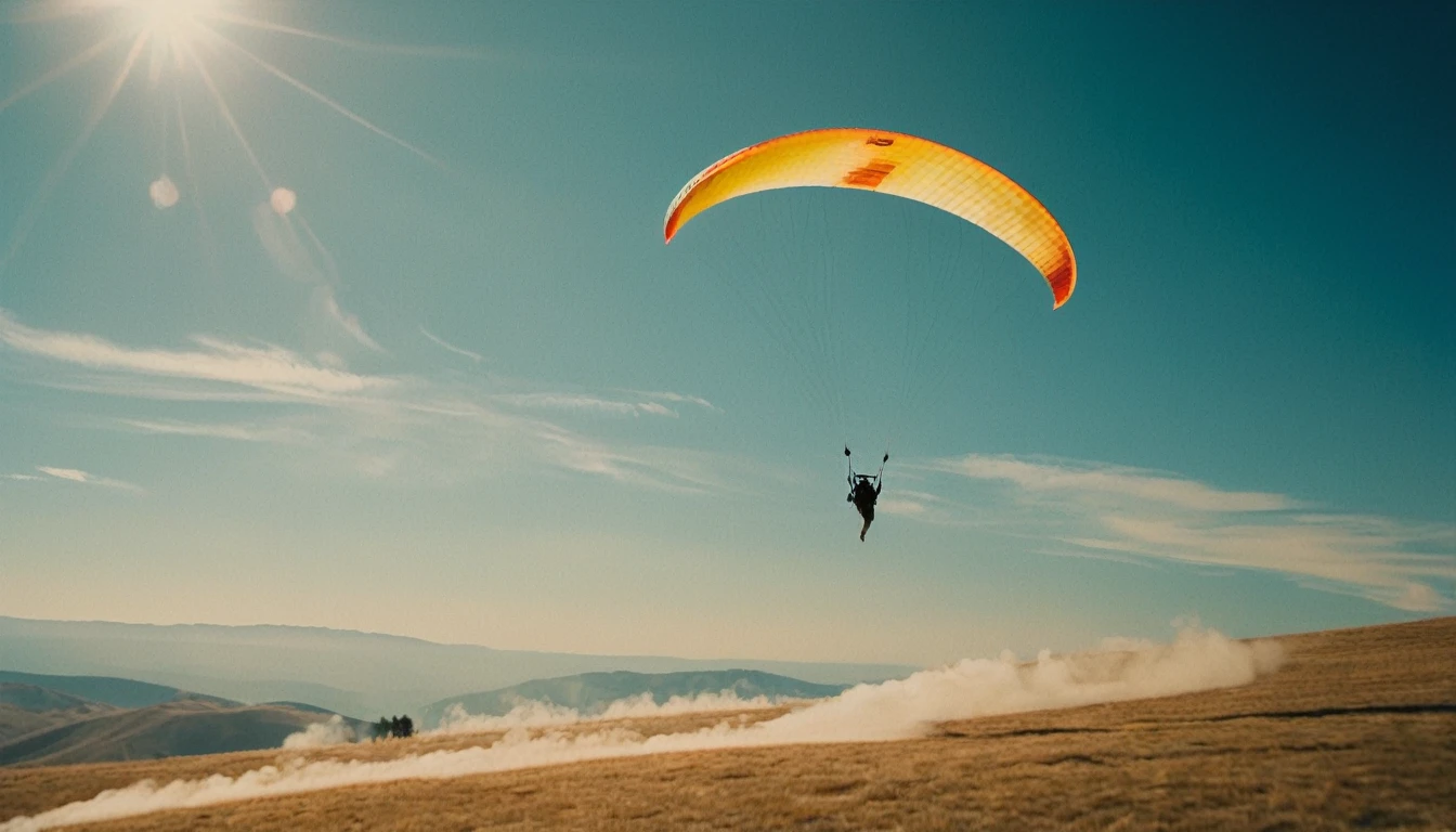 extreme wide shot of Paraglider caught in a thermal updraft, leaves swirling below., directed by Andrea Arnold Classic Ektar, retro, historic, f/12.5, cool shadows, warm highlights, soft focus, vignette, film grain, analog, bokeh, involved in a project