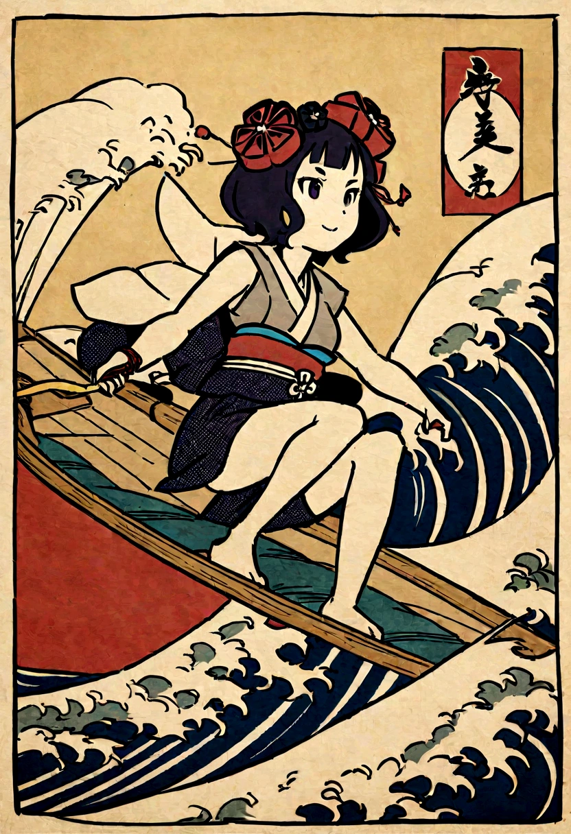 The rough texture of Japanese paper, Hokusai style, ukiyo-e, surfing, flight, fun and solemnity Ukiyo-e style、Katsushika Hokusai、A girl is rowing a boat、surfing、high quality、high resolution