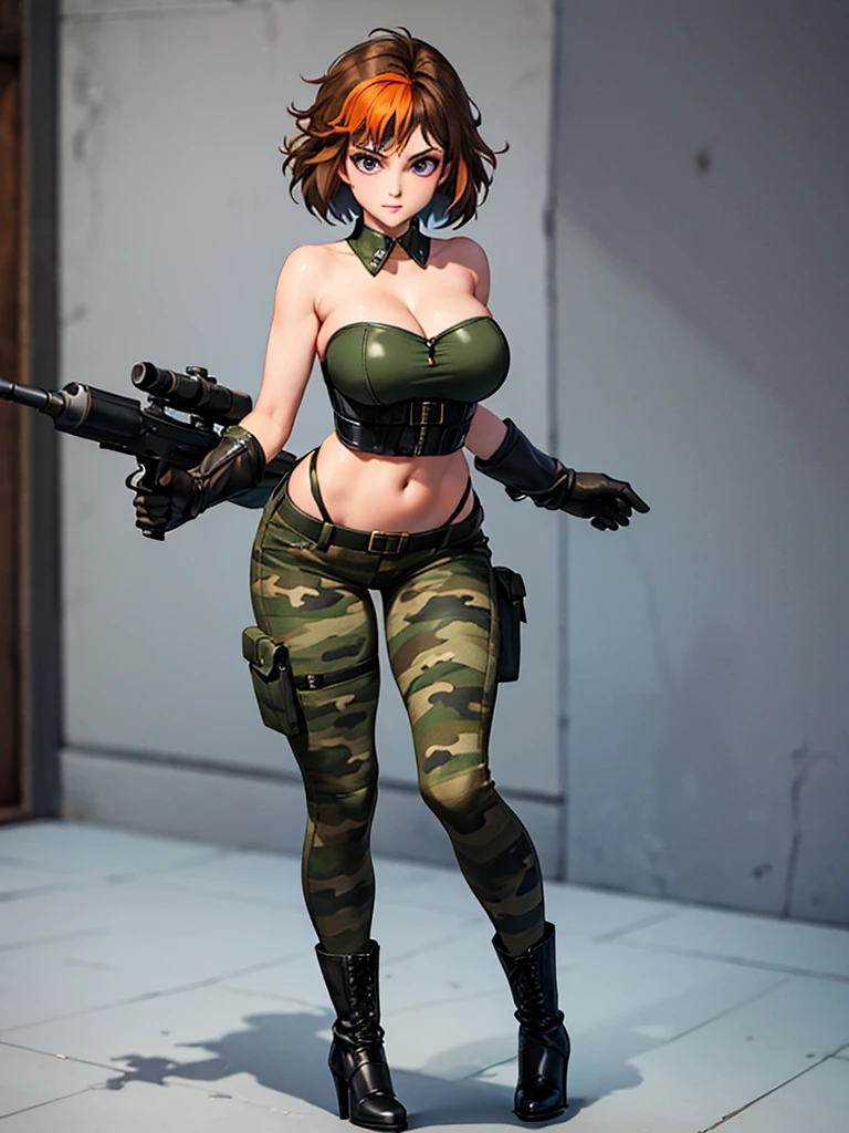merula, full body, thighs, boots high heels, solo girl, medium tits, military camouflage pants, belly, top strapless