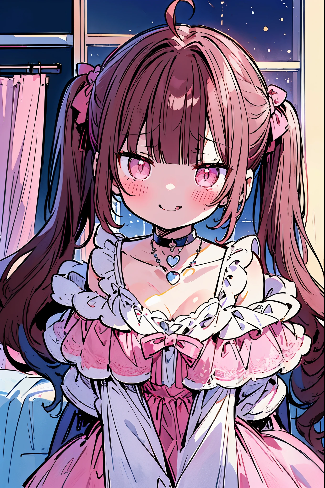 {{{{masterpiece}}}}, {{{Super detailed}}}, {{{high resolution}}},{{high resolution:1.3}}, {{good anatomy}}, (((best quality))), ((on the bed,indoor,blue theme,anime style,anime girl)),(((pink eyes,brown hair))),(big perfect eyes),((yandere,dark eyelash)),(((coat skirt,collarbone,red dress, jewelry, choker,necklace,dark atmosphere,night time))), hairclip, {8k cg wallpaper}, {{illustration,zoom in,focus on face,close-up shot, looking out a window}},((twintails|ahoge|floating hair|blunt bangs|short hair|curly))smile,(1girl:1), bride,solo,alone,(Color difference:1.2),(yandere smile,evil smile with Tongue,Dark circles),blushing,neat face,(medium breasts),((The details are complex、Shallow depth of field、weak lighting、a Canon EOS R5、50mm lens、f / 2.8、shot at 8k resolution))
