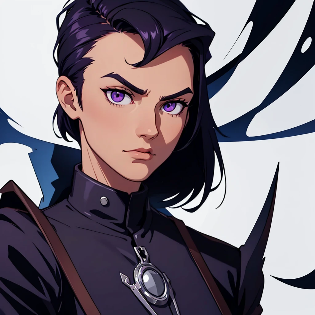 Short black hair, trimmed sides of head, clean sides of head, highres, high resolution, masterpiece, wide purple eyes, pointy eye shape, masterpiece, best quality, highres, 1 man, looking at camera, looking forward, square face, wide face, looking straight, black hair, full pointy eyebrows, short black hair, teenager, light background, full body, teenager, colorful parts, symbols, dark , bold, realistic mixing dark lines and loose lines, bold lines, on paper, human man, full body, imposing pose, stylish outfit, dark theme, handsome, good looking, boastful, standing, male, wide face, sharp chin, high cheekbones, sharp jawline, white background, highres, high resolution, masterpiece, face focus, full head visible, full head seen, face center