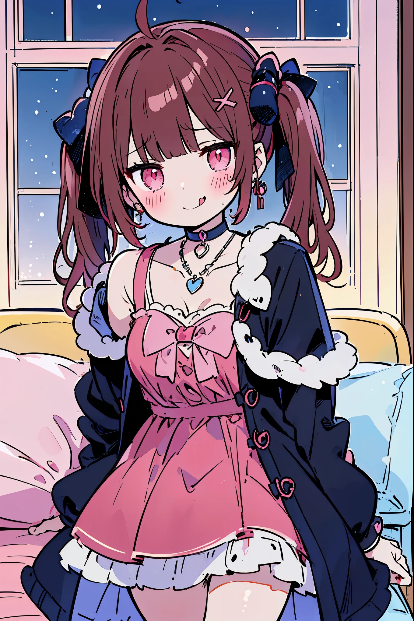 {{{{masterpiece}}}}, {{{Super detailed}}}, {{{high resolution}}},{{high resolution:1.3}}, {{good anatomy}}, (((best quality))), ((on the bed,indoor,blue theme,anime style,anime girl)),(((pink eyes,brown hair))),(big perfect eyes),((yandere,dark eyelash),demo horn),(((coat skirt,collarbone,red dress, jewelry, choker,necklace,dark atmosphere,night time))), hairclip, {8k cg wallpaper}, {{illustration,zoom in,focus on face,close-up shot, looking out a window}},((twintails|ahoge|floating hair|blunt bangs|short hair|curly))smile,(1girl:1), bride,solo,alone,(Color difference:1.2),(yandere smile,evil smile with Tongue,Dark circles),blushing,neat face,(medium breasts),((The details are complex、Shallow depth of field、weak lighting、a Canon EOS R5、50mm lens、f / 2.8、shot at 8k resolution))