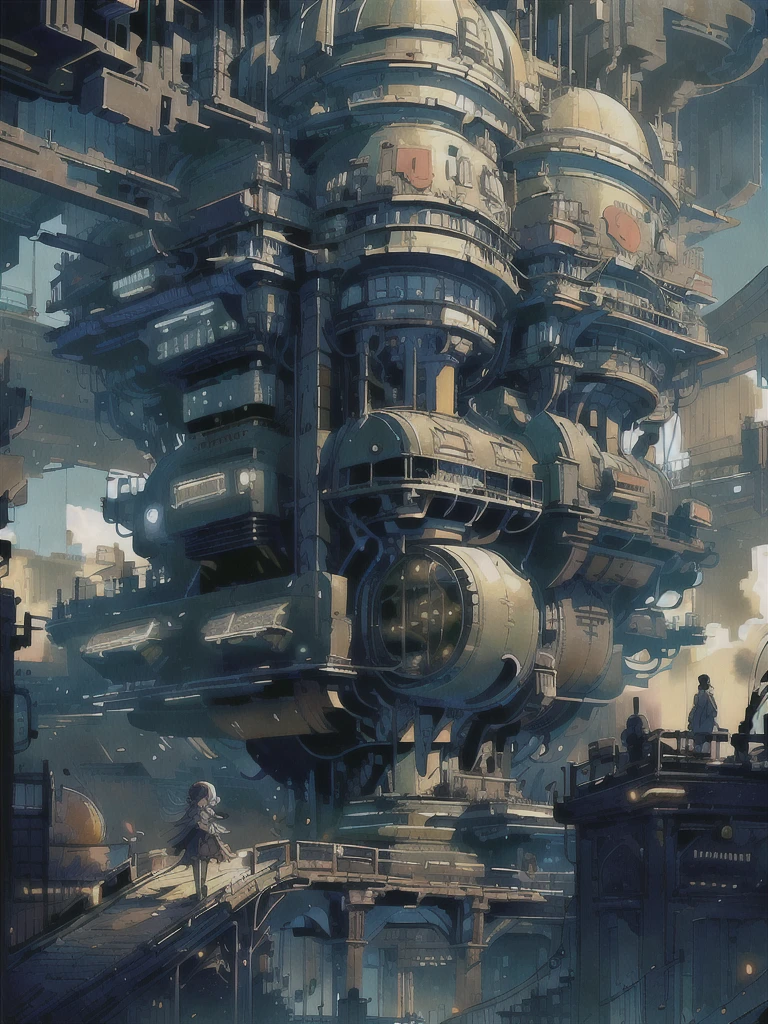 A ray of hope in a dystopia, A young girl wanders into a dark Chinese skyscraper, One little girl's back in the back center of the screen, Very complex cityscape, A devastated world, Pulling composition, industrial, High-definition depiction, A city lined with electric wires, Magic Hour, Make a story with 4 sheets.
