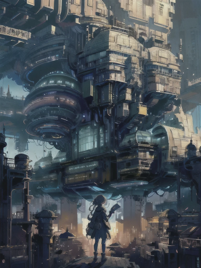 A ray of hope in a dystopia, A young girl wanders into a dark Chinese skyscraper, One little girl's back in the back center of the screen, Very complex cityscape, A devastated world, Pulling composition, industrial, High-definition depiction, A city lined with electric wires, Magic Hour, Make a story with 4 sheets.