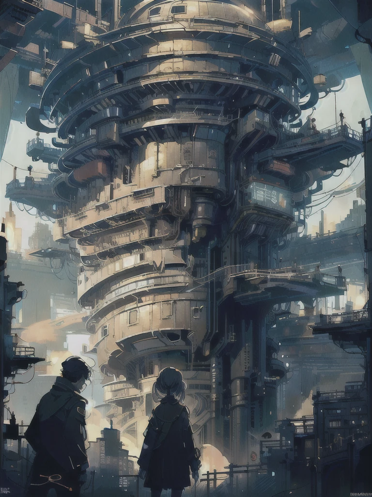A ray of hope in a dystopia, A young girl wanders into a dark Chinese skyscraper, One little girl's back in the back center of the screen, Very complex cityscape, A devastated world, Pulling composition, industrial, High-definition depiction, A city lined with electric wires, Magic Hour, Make a story with 4 sheets.