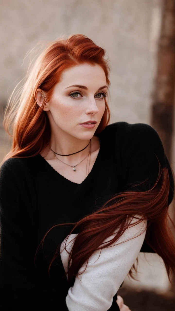I want her face with dark red hair and in a place just like a good looking linkedin profile about a 30 years old woman. Don't change her face. The hair must be dark redhair. The backgrond must be paris