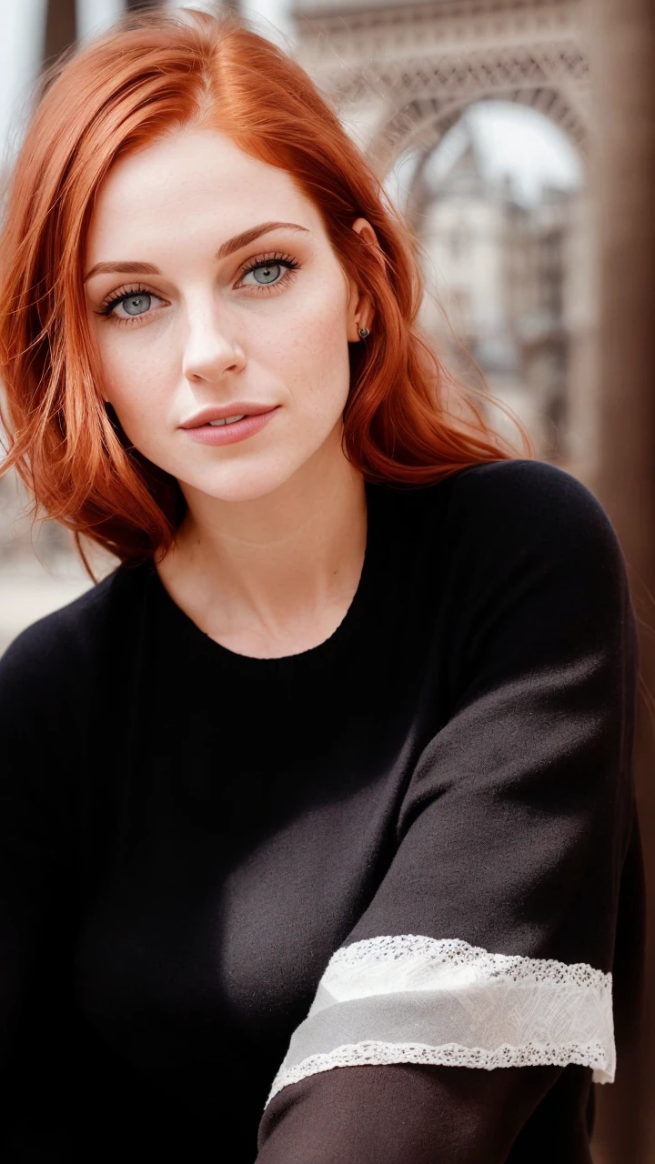 I want her face with dark red hair and in a place just like a good looking linkedin profile about a 30 years old woman. Don't change her face. The hair must be dark redhair. The backgrond must be paris
