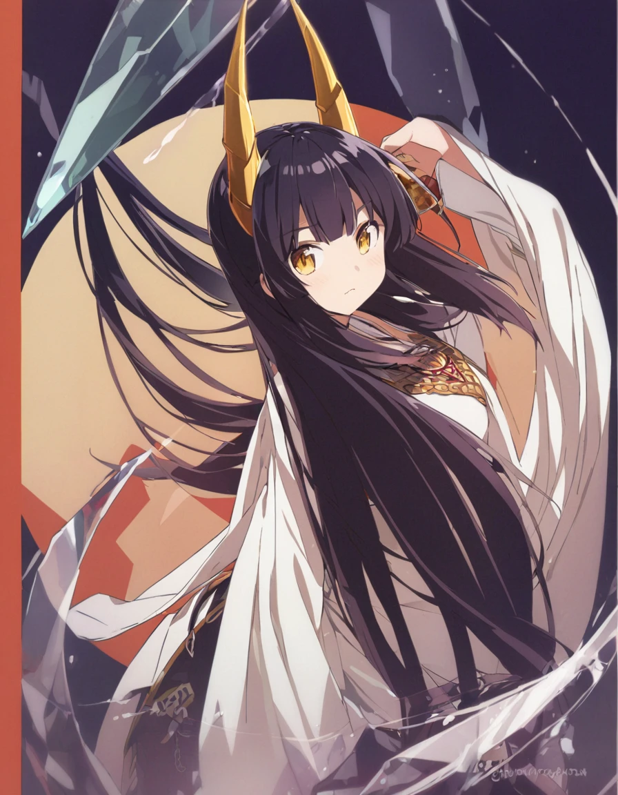 Dragon girl with crystal　golden horn　Black Hair